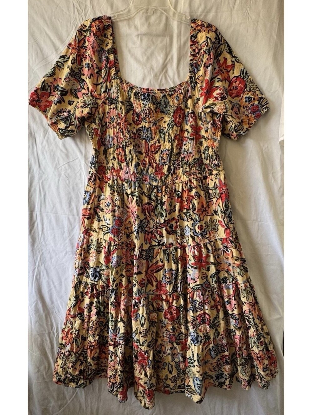 Sonoma Dress XL Yellow Floral Smocked Puff Sleeve Tiered Boho